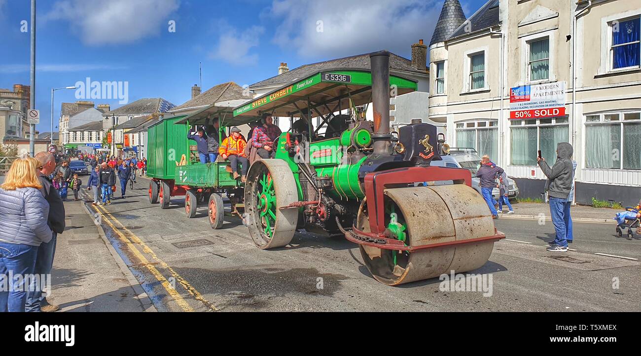 A vintage steam locomotive on display at Trevithick day celebrations in Camborne, Cornwall, UK. Stock Photo