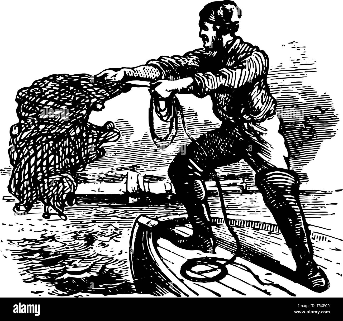A man throwing cast net into water for fishing vintage line