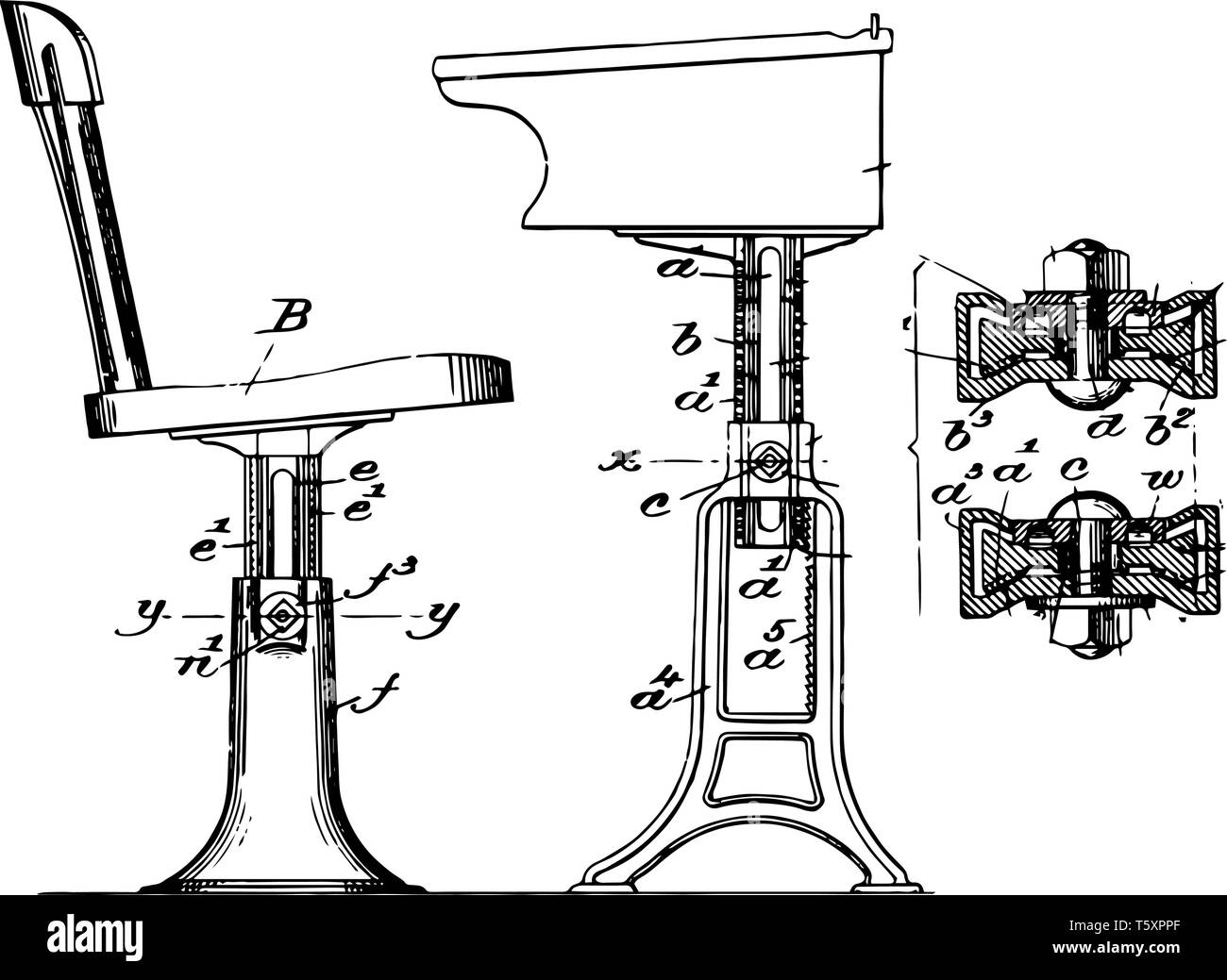 Adjustable Support for School Desks or office chair or desk chair contemporary style modern classroom vintage line drawing or engraving illustration. Stock Vector
