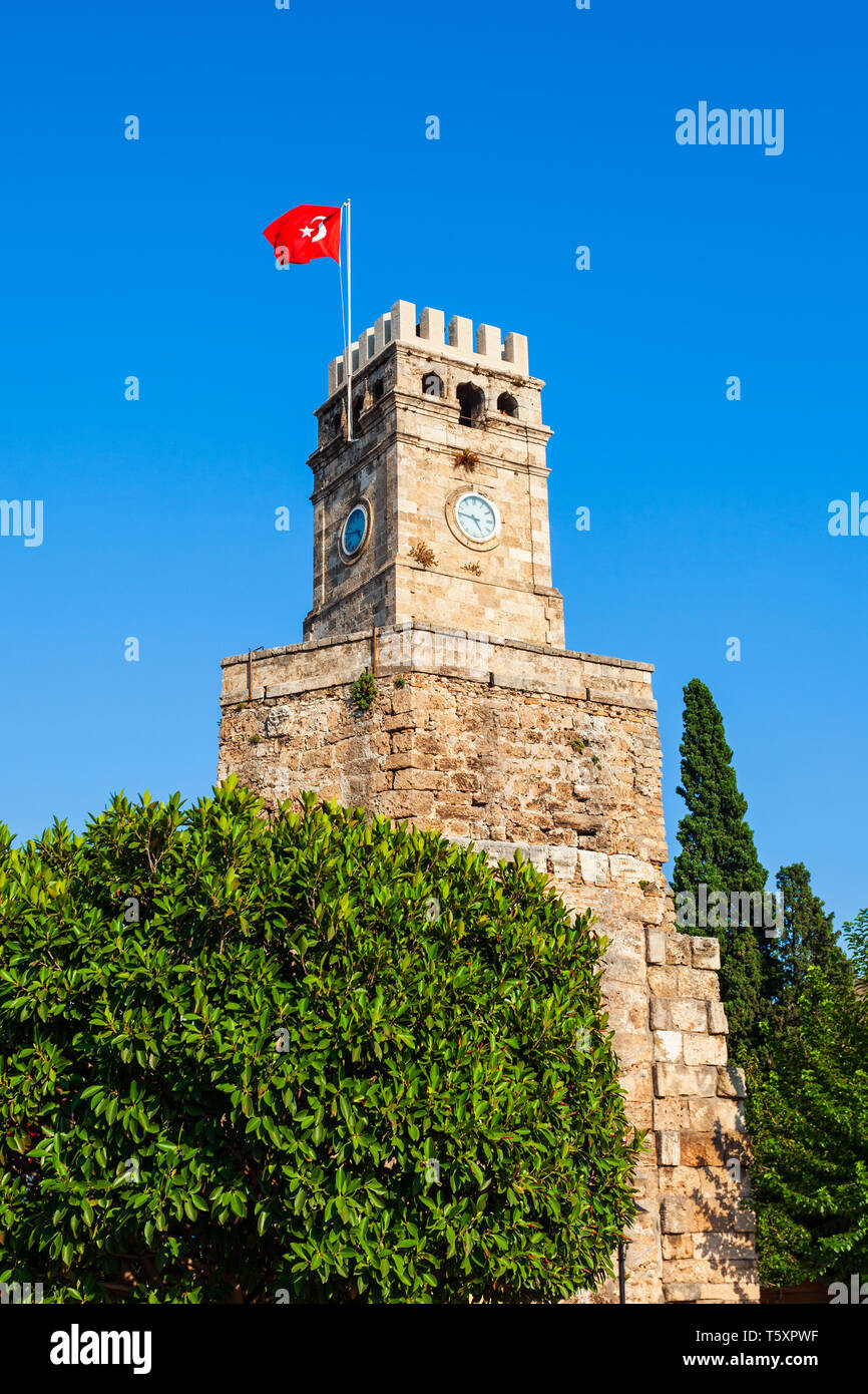 Clock Tower or Saat Kulesi in the centre of Antalya old town or Kaleici in Turkey Stock Photo