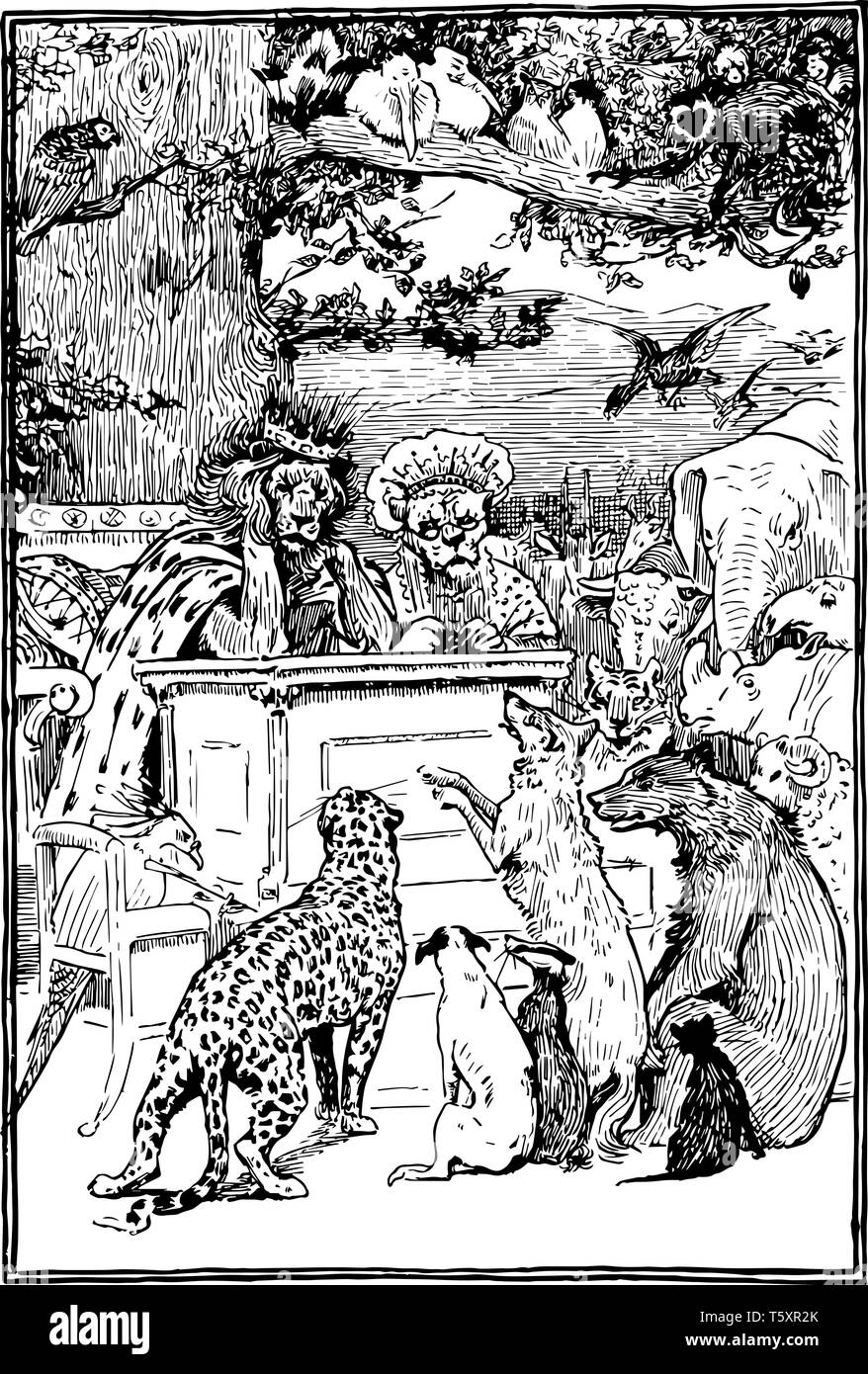 Two lions as king and queen sitting on bench in the court, a bird sitting on chair and writing something, and other animals standing around them, vint Stock Vector