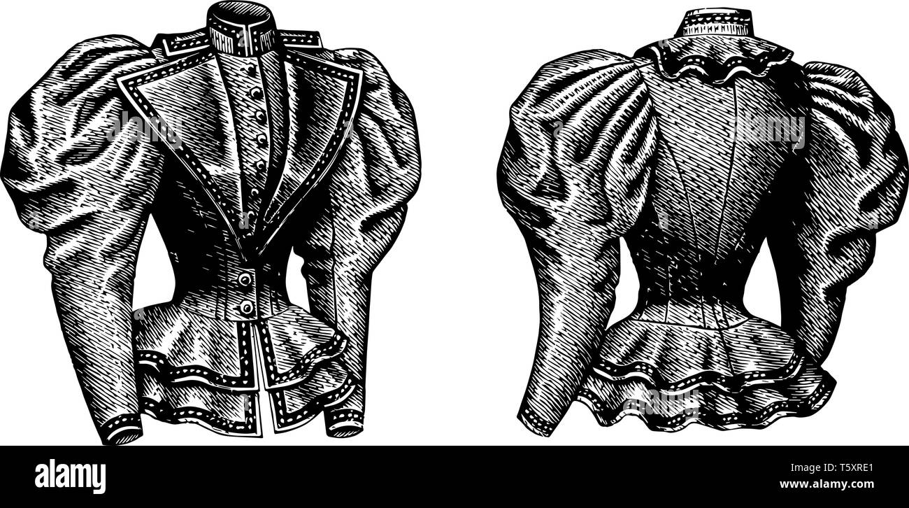 Fitted Jacket has puffed sleeves, vintage line drawing or engraving