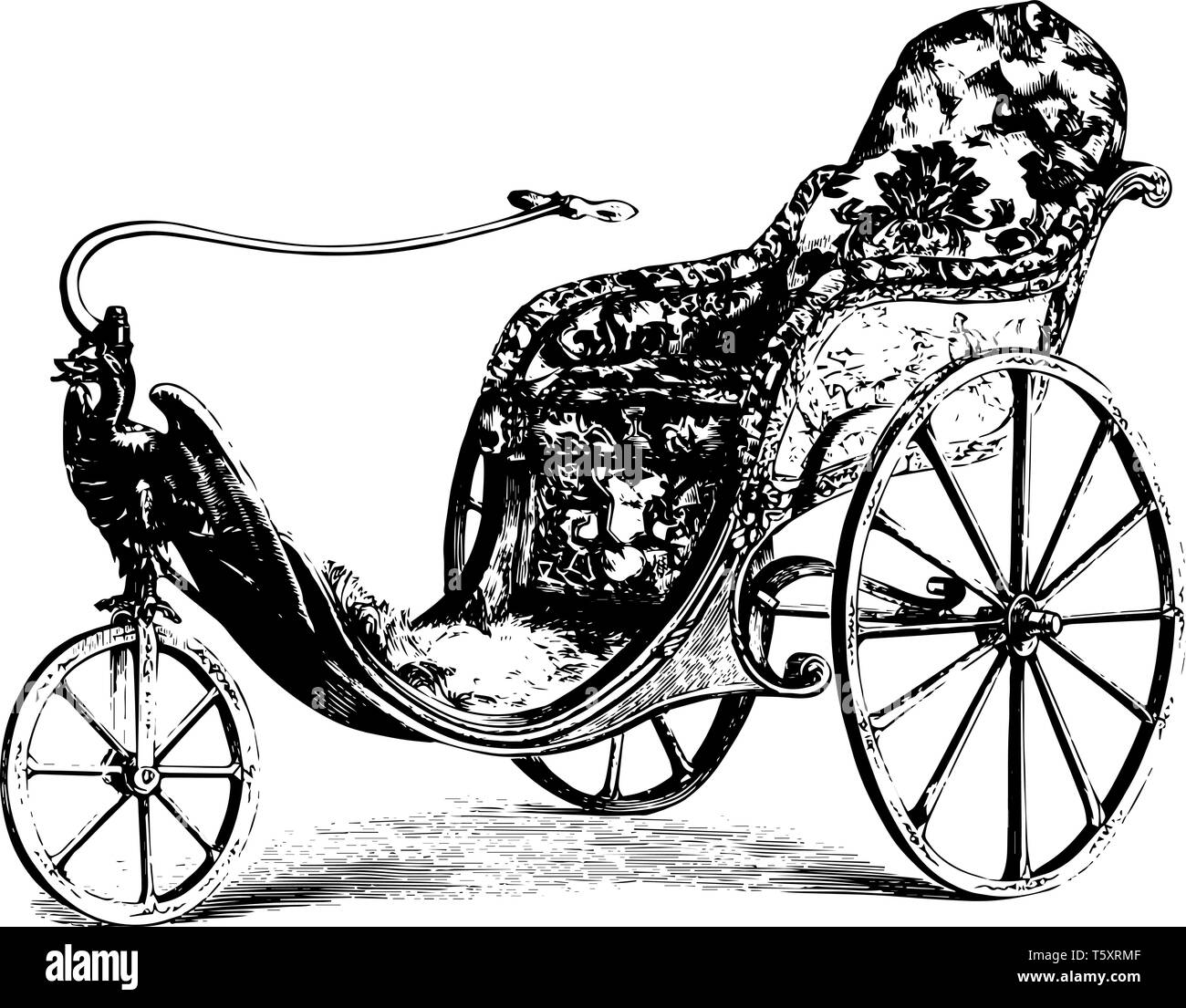 Wheelchair designed with one small wheel in front and two big wheels at back along with maneuvering handle, vintage line drawing or engraving illustra Stock Vector