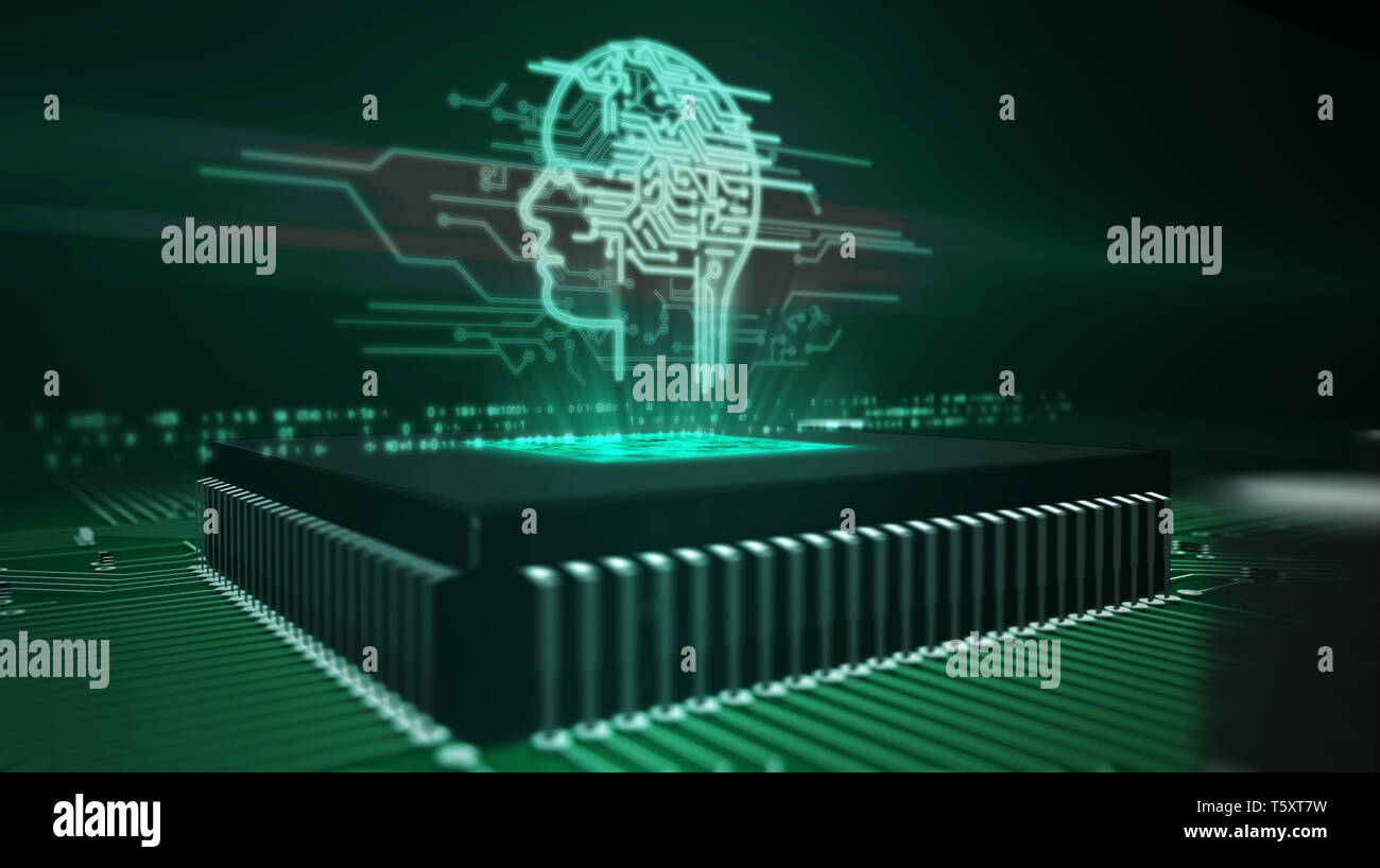 Artificial intelligence, deep learning and cybernetic brain concept with ai head hologram over working cpu in background. Circuit board 3d illustratio Stock Photo