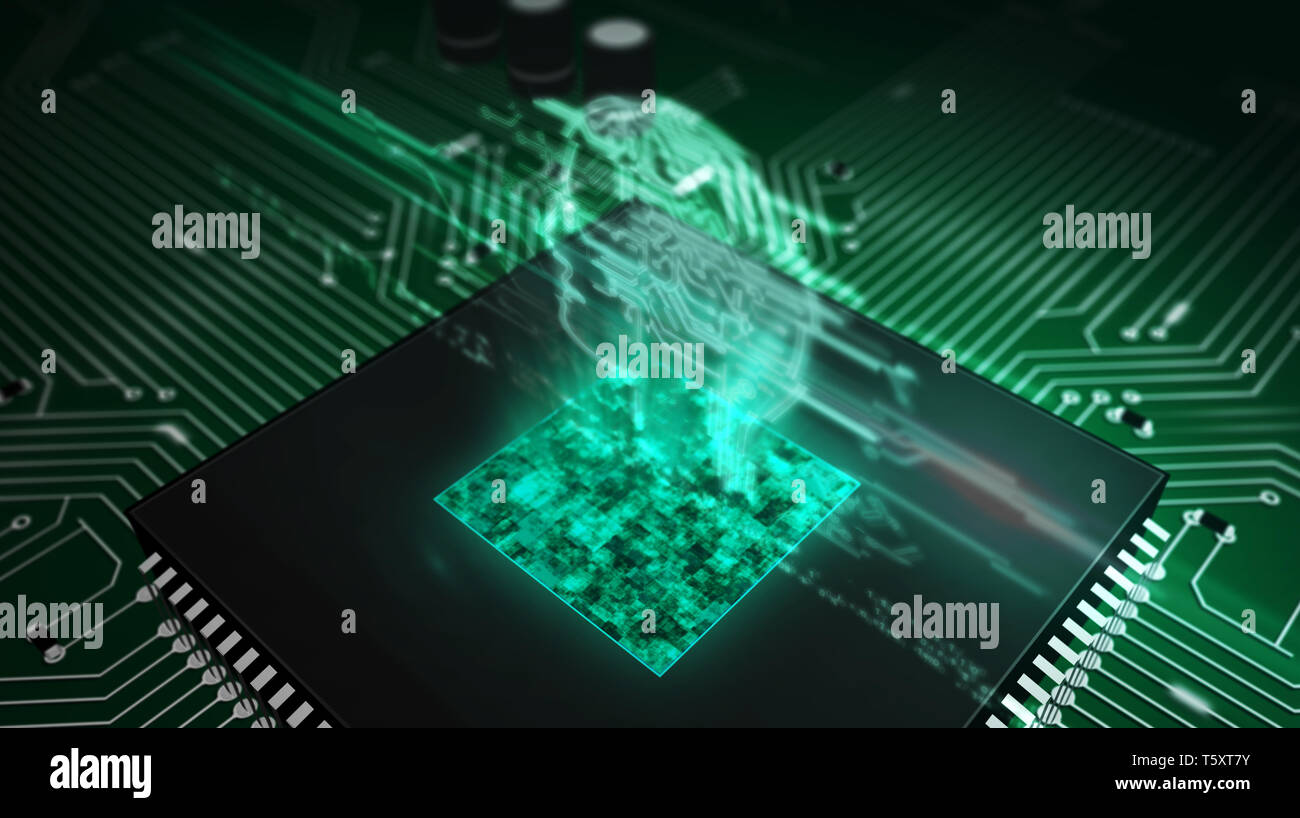 Artificial intelligence, deep learning and cybernetic brain concept with ai head hologram over working cpu in background. Circuit board 3d illustratio Stock Photo
