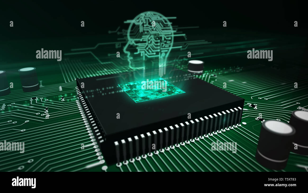 Artificial intelligence, deep learning and cybernetic brain concept with ai head hologram over working cpu in background. Circuit board 3d illustratio Stock Photo