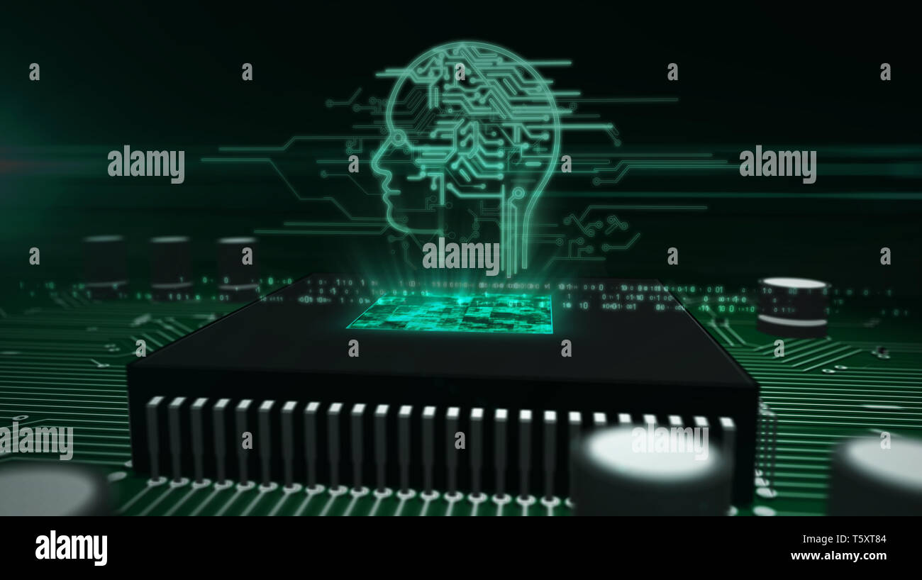 Artificial intelligence, deep learning and cybernetic brain concept with ai head hologram over working cpu in background. Circuit board 3d illustratio Stock Photo