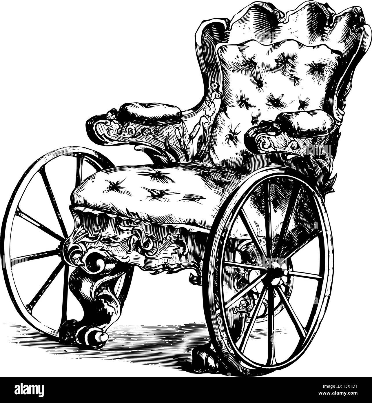 Wheelchair designed for mobility of sick people had 2 large wheels at front and one small wheel at back, vintage line drawing or engraving illustratio Stock Vector