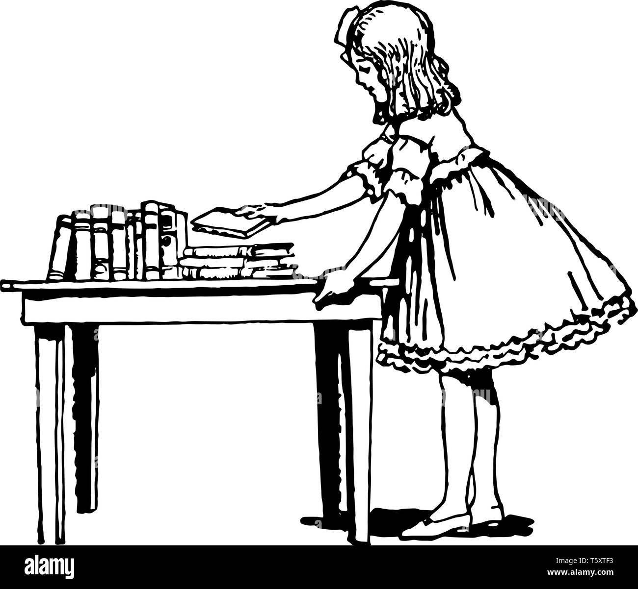 Girl Placing Books on Table, child, counter, female, girl, kid, libros,  Place, table, vintage line drawing or engraving illustration Stock Vector  Image & Art - Alamy
