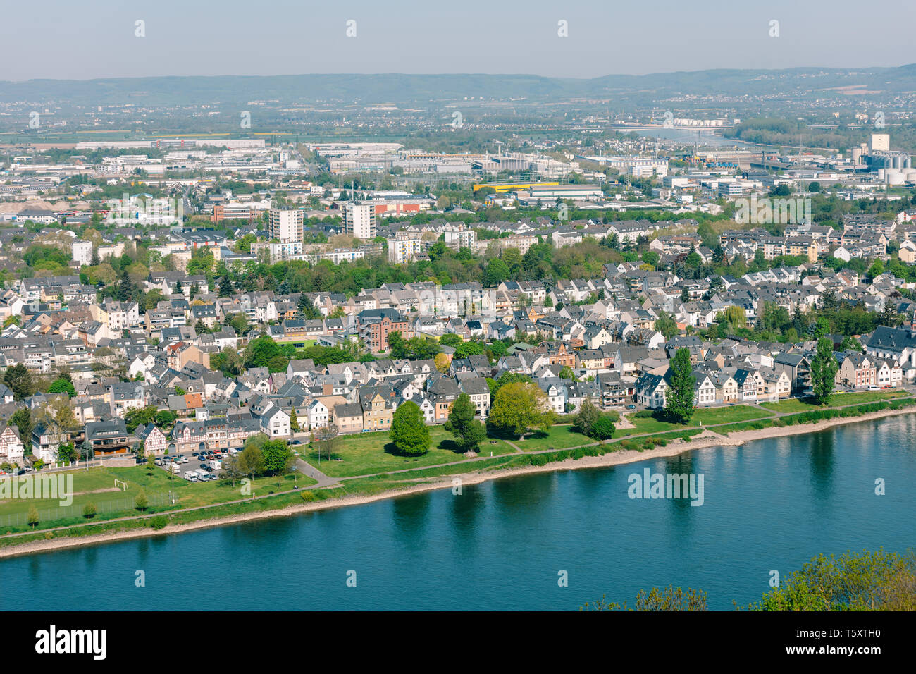 aerial panoramic view of Koblenz, which  is a city on the Rhine where it is joined by Moselle river Stock Photo