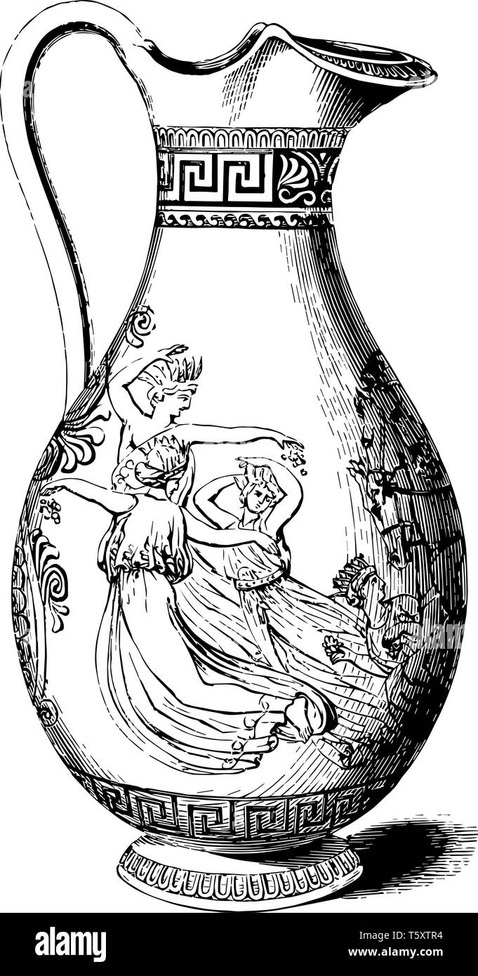 Engraved Greek Pitcher used in Elaborate engravings decorate, Women in traditional garb and horses are shown along the midsection, vintage line drawin Stock Vector