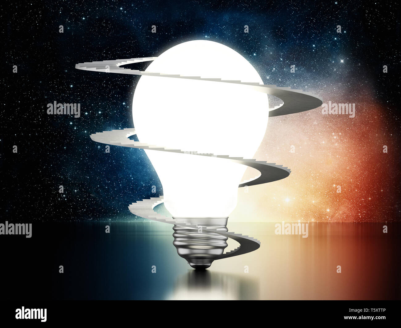 Spiral stairs around lit lightbulb. 3D illustration. Stock Photo