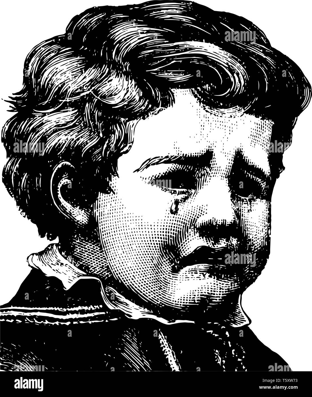 A young boy crying in this picture, vintage line drawing or engraving illustration. Stock Vector