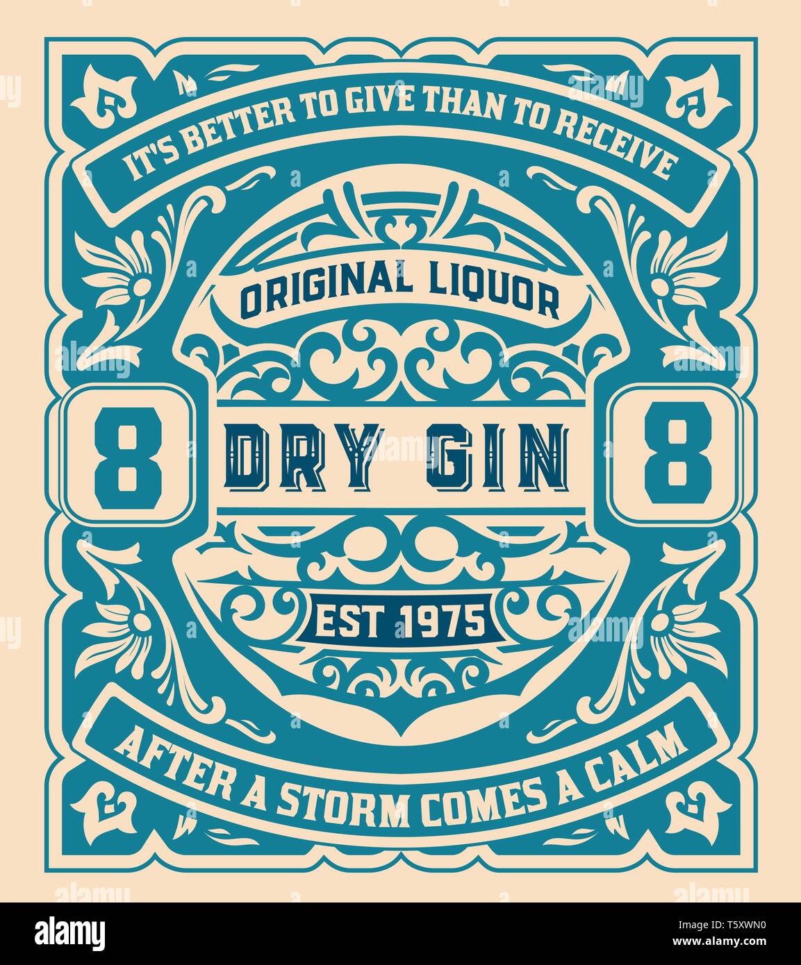 Gin Label with floral ornaments Stock Vector