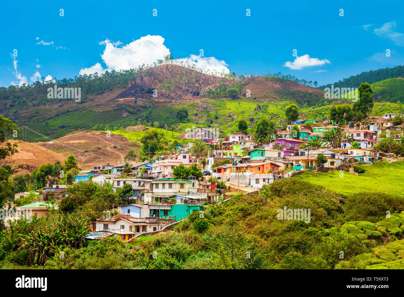 Landscape of Munnar town, surrounded with tea plantation in India Stock Photo