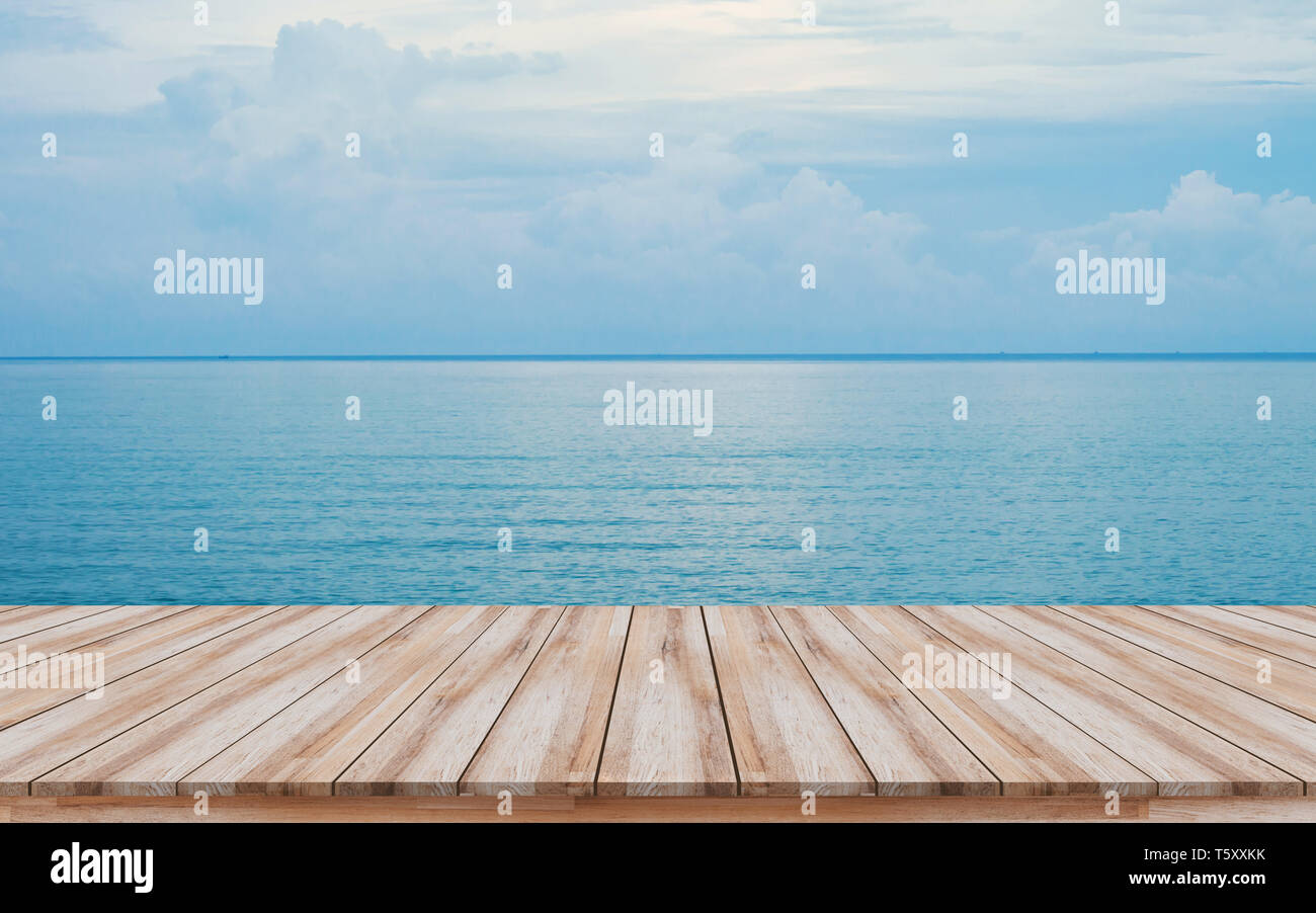 Empty wooden board with blue sea nature background, Travel, Summer concept can use for mock-up, montage products display or key visual design layout. Stock Photo