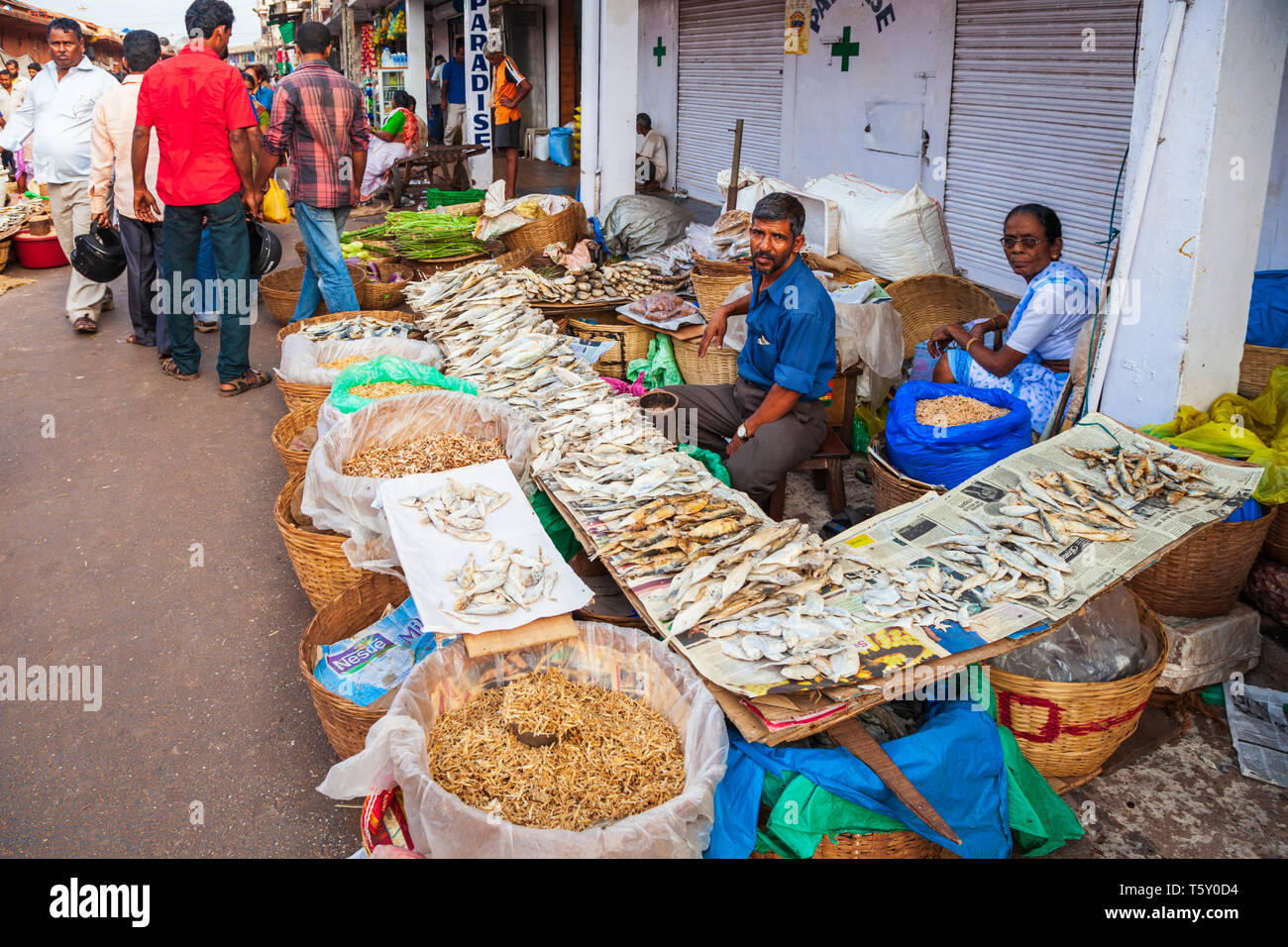 GOA, INDIA - APRIL 06, 2012: Fish and vegetables at the local market in India Stock Photo