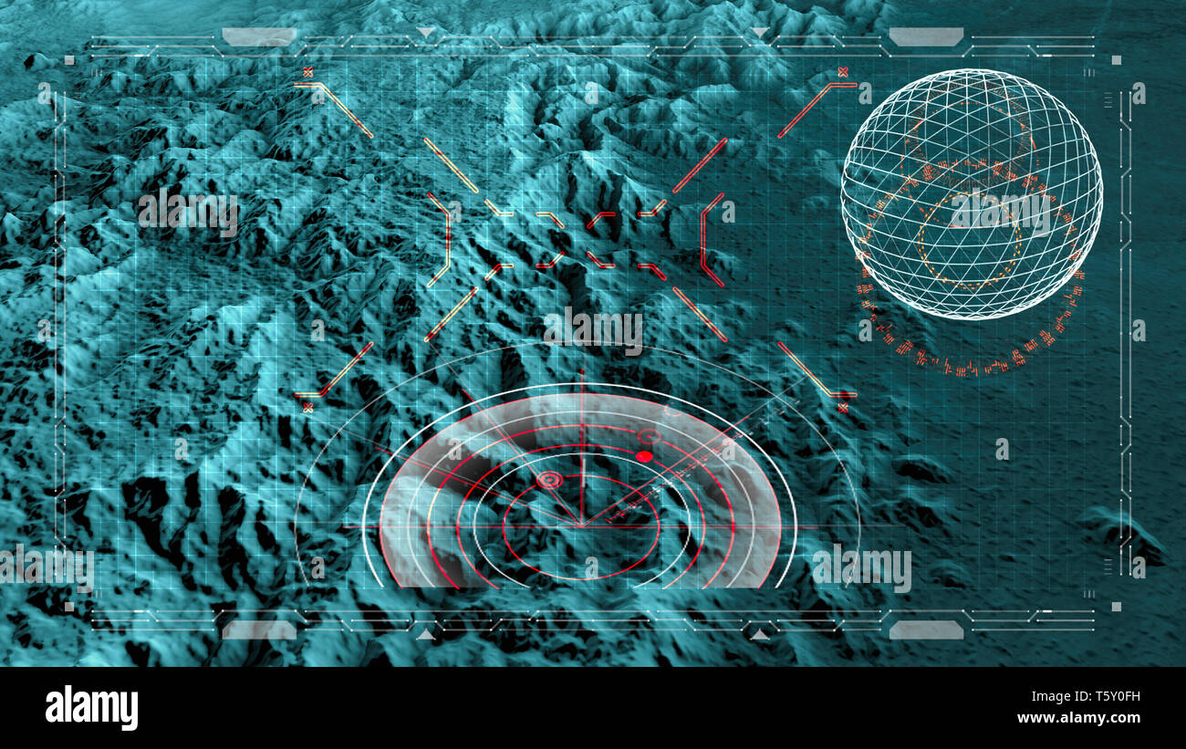 Satellite view of land, war operations, sci-fi, night vision with blue hues. Military target. Drone flying over an area. Hud, head-up display Stock Photo