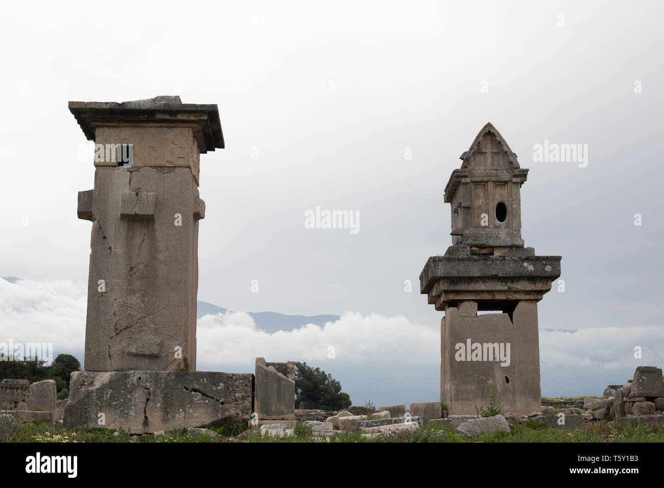 Pillar tombs at Xanthos, Turkey close to the Lycian Way Stock Photo