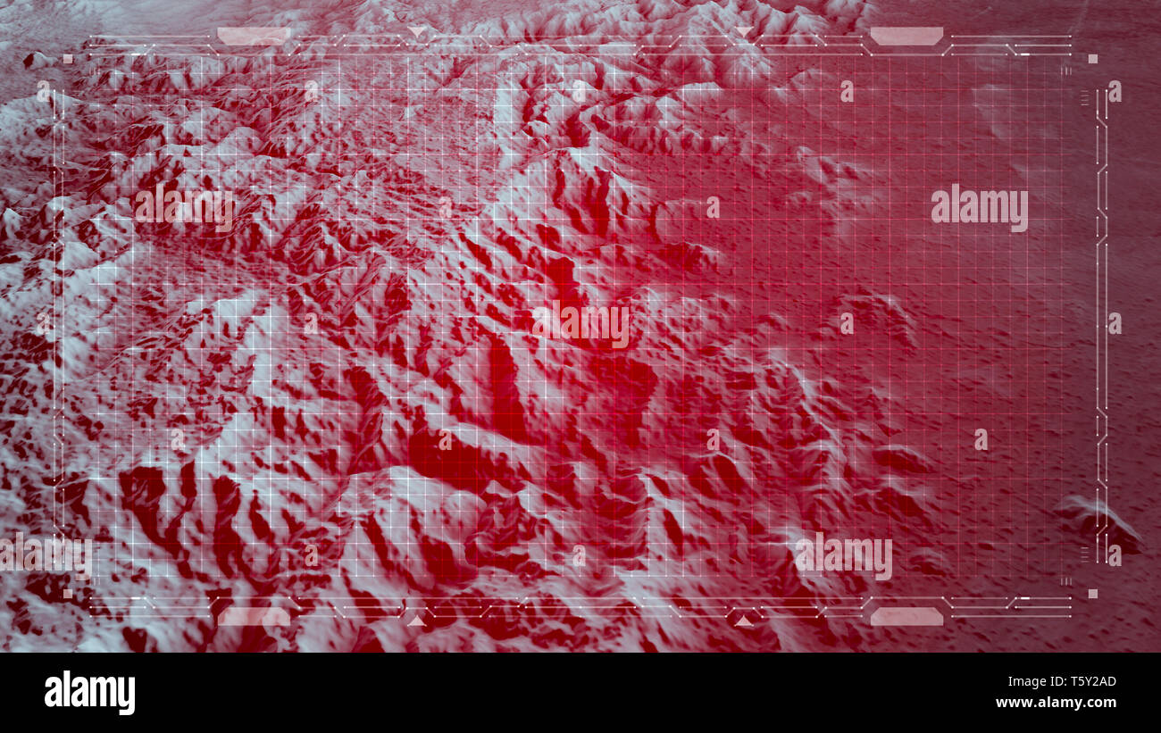 Satellite view of land, war operations, sci-fi, night vision with red hues. Military target. Drone flying over an area. Hud, head-up display Stock Photo