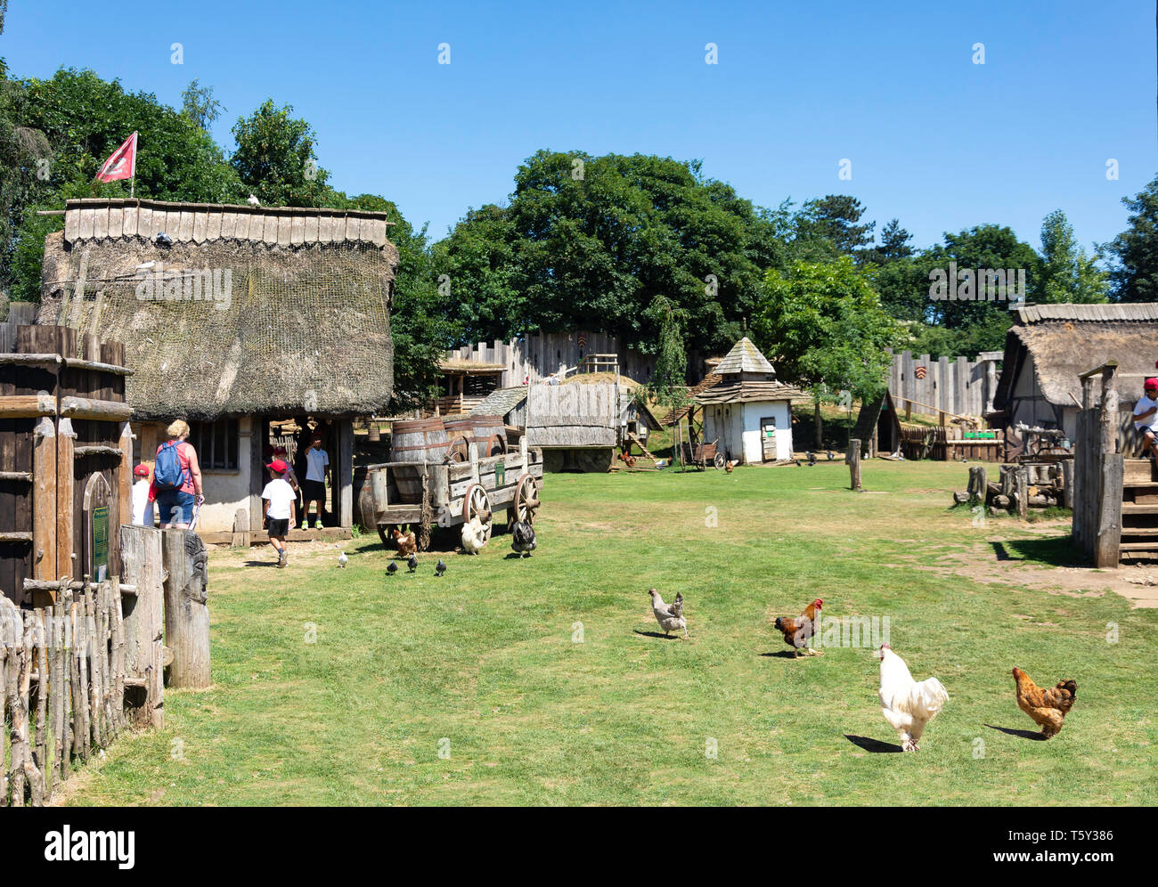 Dwellings inside ramparts in Mountfitchet Castle, Stansted Mountfitchet, Essex, England, United Kingdom Stock Photo