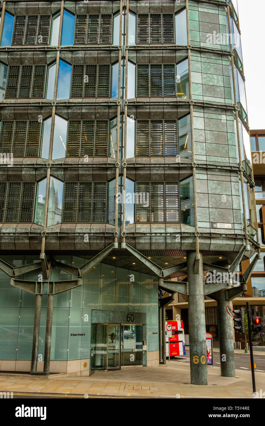 Modern office block with bronze curtain wall facade, 60 Queen Victoria Street, London Stock