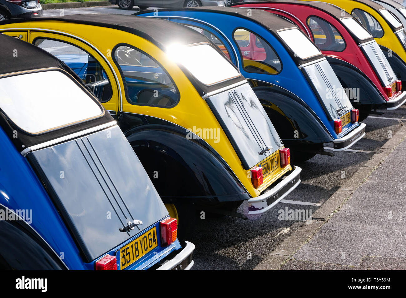 Classic Citreon 2CV motor cars for hire in Biarritz, southern France.  Credit: Gareth Llewelyn/Alamy Stock Photo