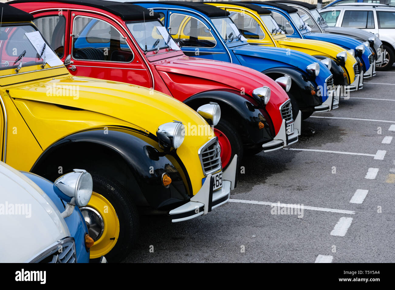 Classic Citreon 2CV motor cars for hire in Biarritz, southern France.  Credit: Gareth Llewelyn/Alamy Stock Photo