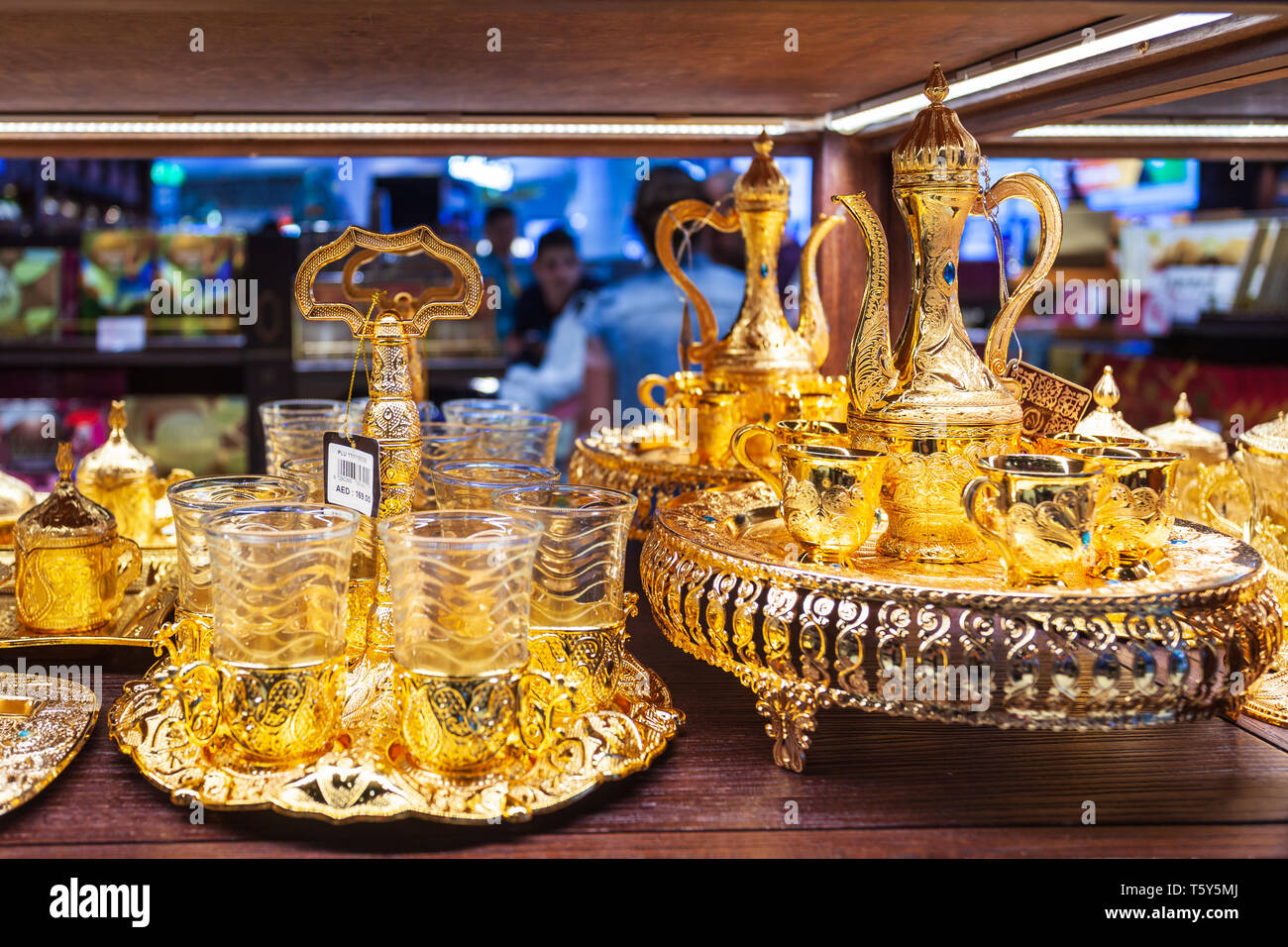 DUBAI, UAE MARCH 02, 2019 Traditional arabic tea pot souvenir in the