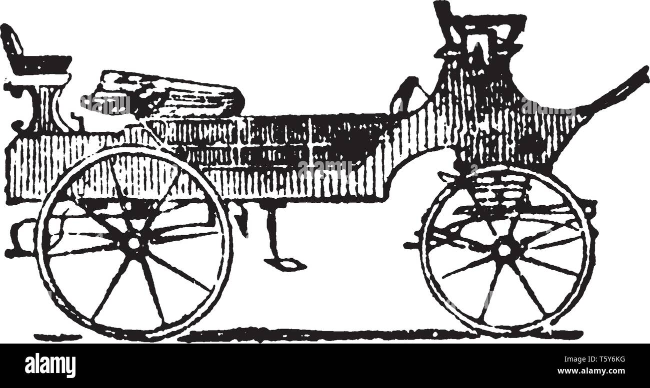 Break is a large four wheeled carriage with a straight body a calash top and seats for 4 and for a driver and a footman, vintage line drawing or engra Stock Vector