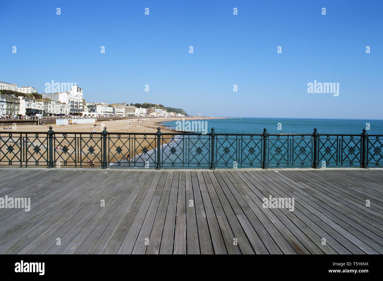 Hastings seafront from Hastings Pier on the South Coast of Britain, looking East towards the Old Town Stock Photo