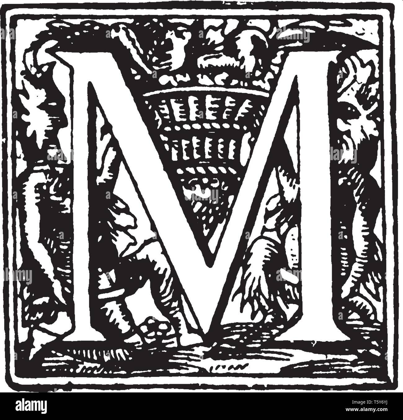 An ornamental capital letter M, vintage line drawing or engraving ...