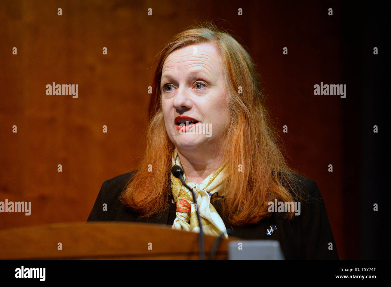 Edinburgh, Scotland, United Kingdom. 27th Apr, 2019. SNP MSP Joan McAlpine chairs a lunchtime fringe meeting on EU citizen's rights at the Scottish National Party's Spring Conference in the Edinburgh International Conference Centre. Credit: Ken Jack/Alamy Live News Stock Photo