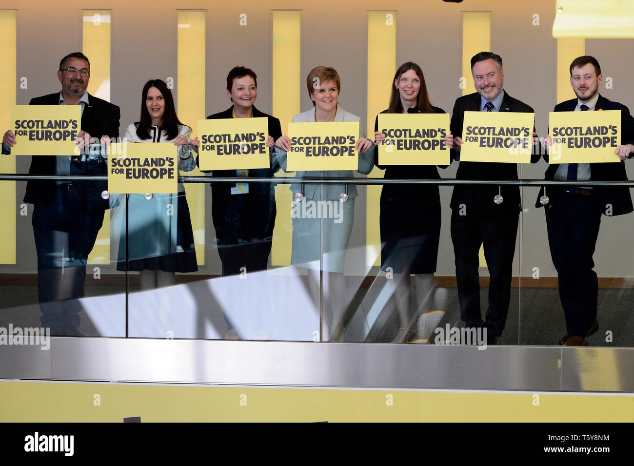 Edinburgh, Scotland, United Kingdom, 27, April, 2019. First Minister Nicola Sturgeon (C) poses with the SNP candidates for the European elections, including sitting MEP Alyn Smith (2nd R), at the Scottish National Party's Spring Conference in the Edinburgh International Conference Centre. © Ken Jack / Alamy Live News Stock Photo