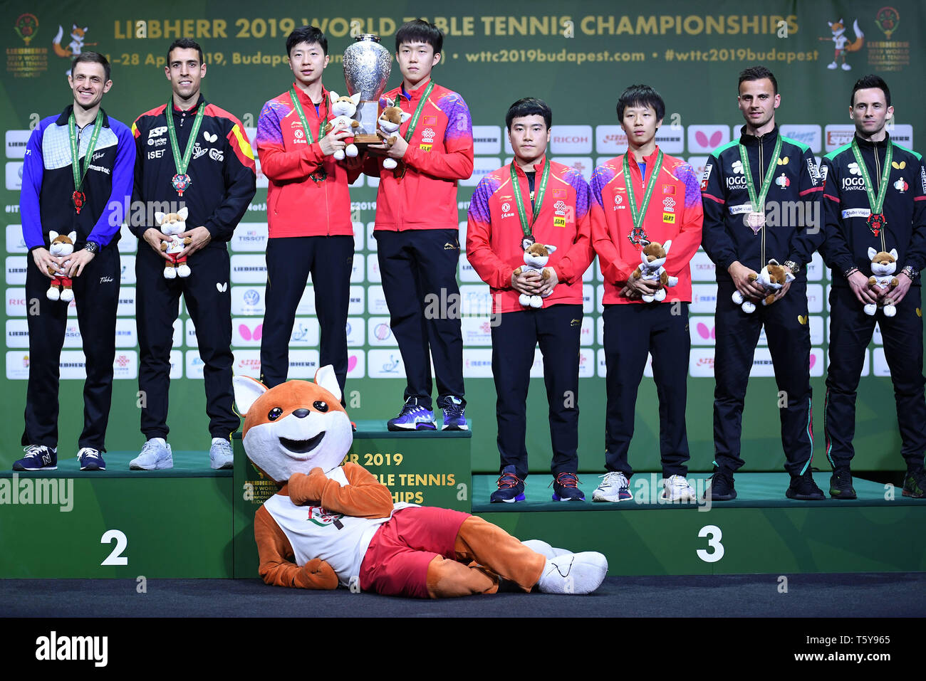 Budapest. 27th Apr, 2019. Medalists pose for photo during the awarding ceremony for the men's doubles match at 2019 ITTF World Table Tennis Championships in Budapest, Hungary on April 27, 2019. Credit: Lu Yang/Xinhua/Alamy Live News Stock Photo