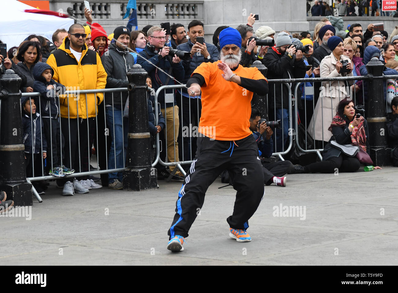 London, England, UK. 27 April 2019. Sikh martial art preforms at Vaisakhi Festival is a Sikh New Year in Trafalgar Square, London, UK. Credit: Picture Capital/Alamy Live News Stock Photo