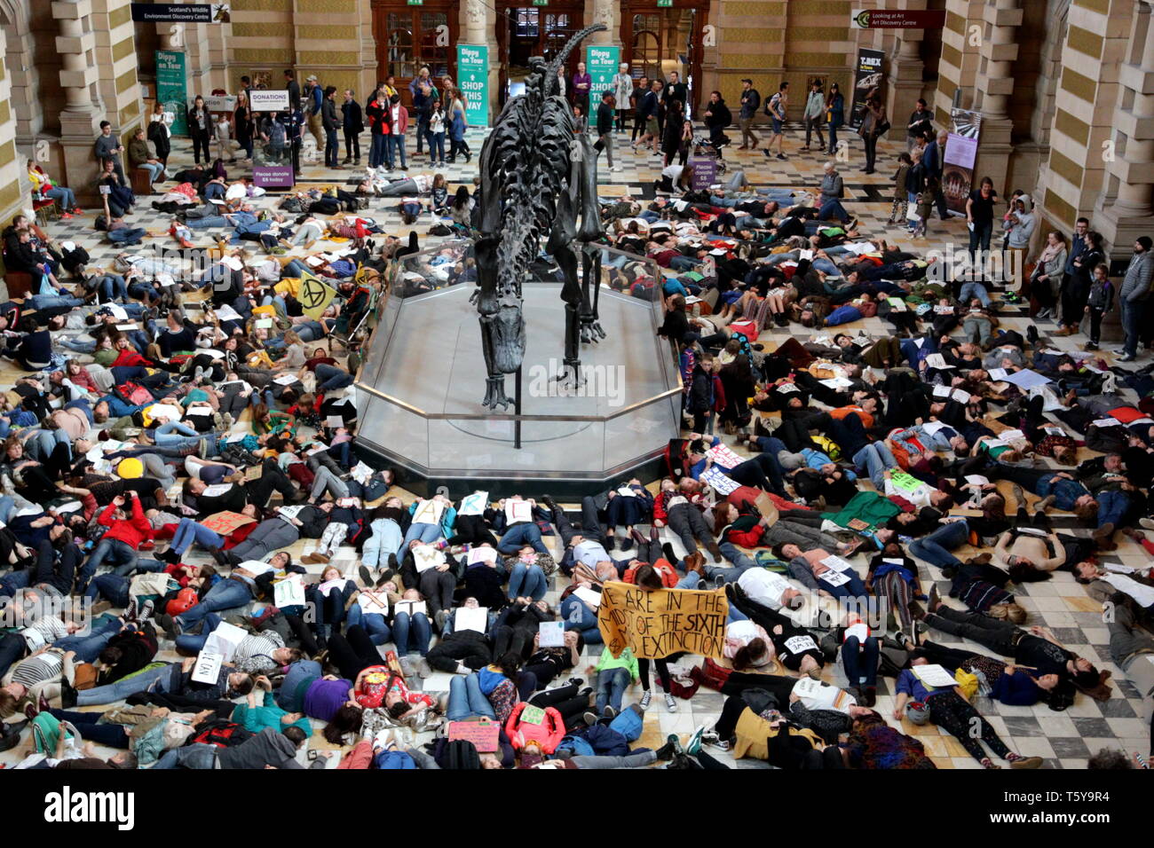 Glasgow, Scotland, UK 27th April, 2019. Kelvingrove Art Galleries and Museum saw a copycat protest at climate change to the blue whale in London as dippy the Diplodocus saw an Extinction Rebellion Climate change protesters lie down protest ie “die- in” through earth being poisoned. Gerard Ferry/Alamy Live News Stock Photo