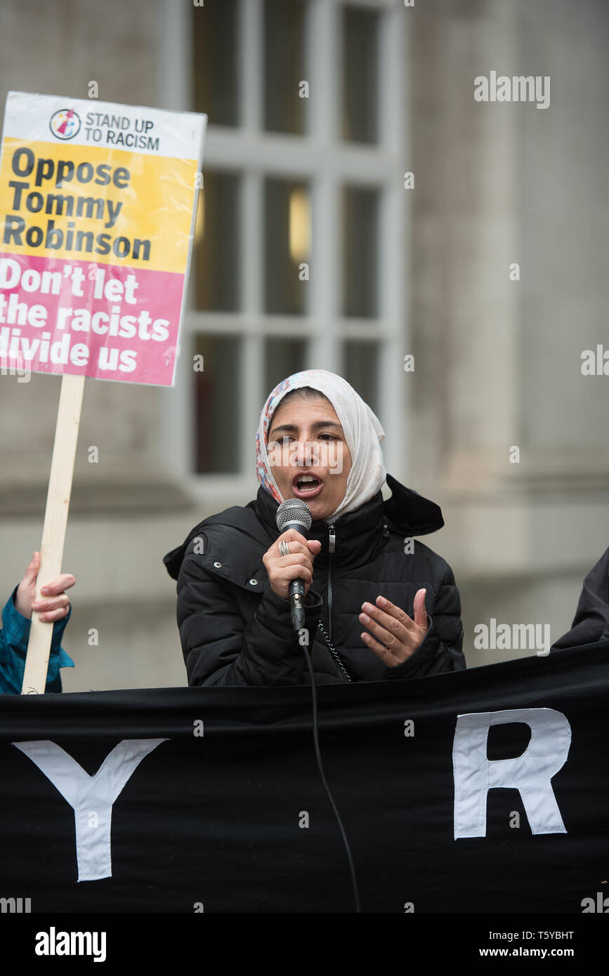 Manchester, UK. 27th Apr, 2019. A member of Stand Up To Racism seen speaking during the rally at St Peters Square.Stand Up To Racism members have launched a campaign rally to stop the EU opposition candidate Tommy Robinson from being elected to represent the North West in the European Parliament. Credit: Steven Speed/SOPA Images/ZUMA Wire/Alamy Live News Credit: ZUMA Press, Inc./Alamy Live News Stock Photo