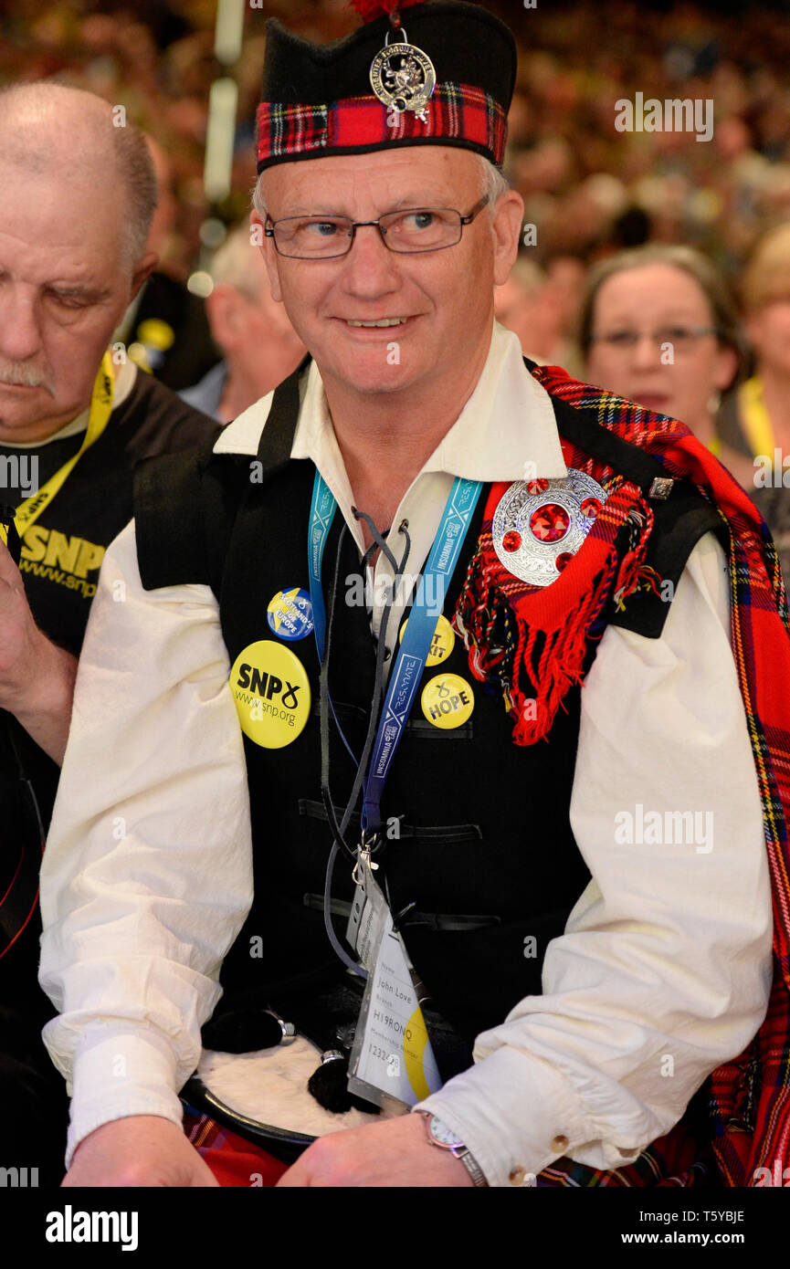 Edinburgh, Scotland, United Kingdom, 27, April, 2019. A delegate in colourful costume at the Scottish National Party's Spring Conference in the Edinburgh International Conference Centre. © Ken Jack / Alamy Live News Stock Photo