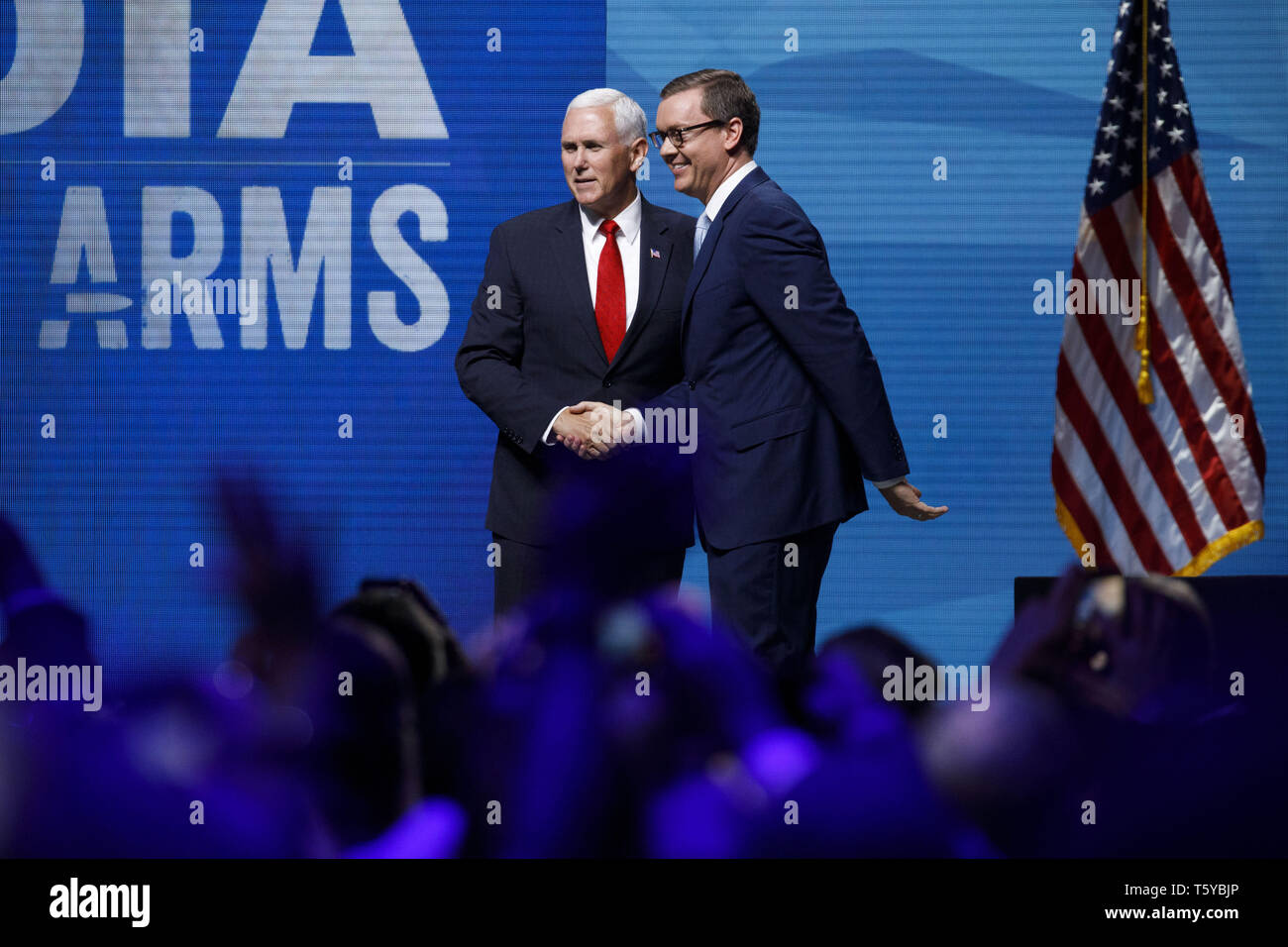 May 4, 2018 - Dallas, Texas, U.S. - Vice President Mike Pence shakes hands with Chris W. Cox, executive director of the NRA Institute for Legislative Action, during the National Rifle Association (NRA) annual meeting leadership forum on Friday, May 4, 2018 in Dallas, Texas.. Â© 2018 Patrick T. Fallon (Credit Image: © Patrick Fallon/ZUMA Wire) Stock Photo