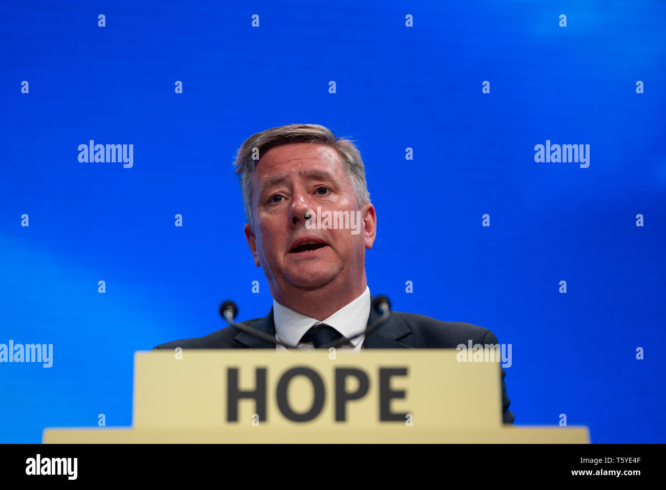 Edinburgh, Scotland, UK. 27 April, 2019. SNP ( Scottish National Party) Spring Conference takes place at the EICC ( Edinburgh International Conference Centre) in Edinburgh. Pictured; Keith Brown MSP, Depute Leader of the Scottish National Party, addressing the conference on Day 1. Credit: Iain Masterton/Alamy Live News Stock Photo