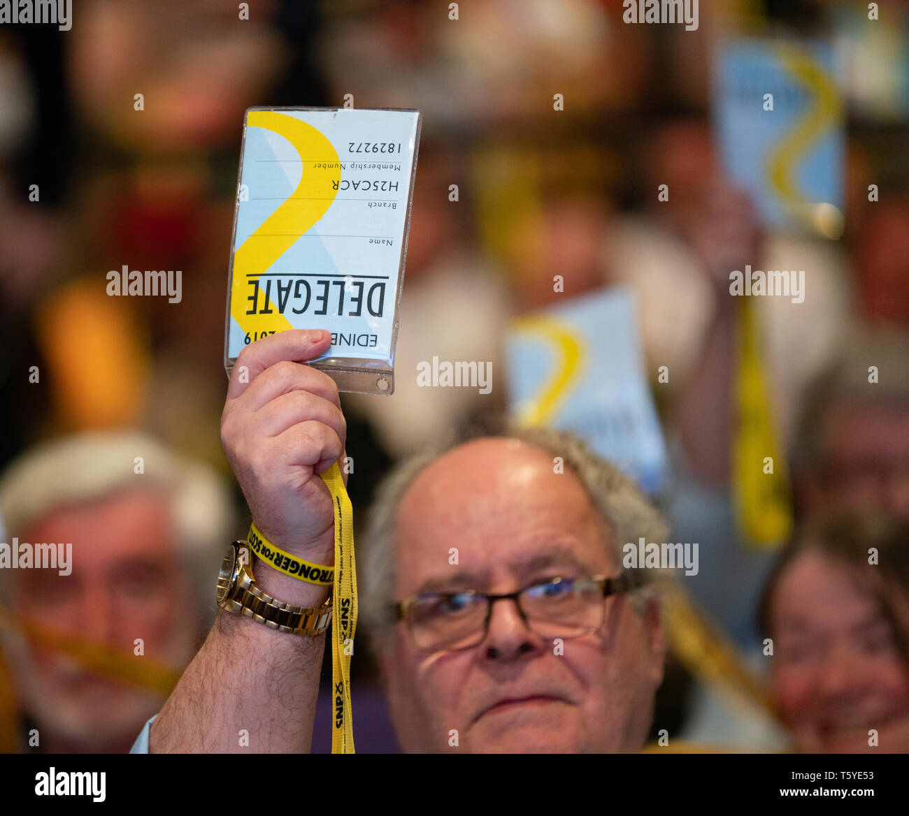 Edinburgh, Scotland, UK. 27 April, 2019. SNP ( Scottish National Party) Spring Conference takes place at the EICC ( Edinburgh International Conference Centre) in Edinburgh. Pictured; Male delegate voting during a session on day 1. Credit: Iain Masterton/Alamy Live News Stock Photo
