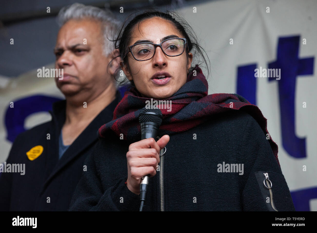 Southall, UK. 27th April 2019. Cllr Jaskiran Chohan of Ealing Labour addresses members of the local community and supporters at a rally outside Southall Town Hall to honour the memories of Gurdip Singh Chaggar and Blair Peach on the 40th anniversary of their deaths. Gurdip Singh Chaggar, a young Asian boy, was the victim of a racially motivated attack whist Blair Peach, a teacher, was killed by the Metropolitan Police’s Special Patrol Group during a peaceful march against the National Front demonstration. Credit: Mark Kerrison/Alamy Live News Stock Photo