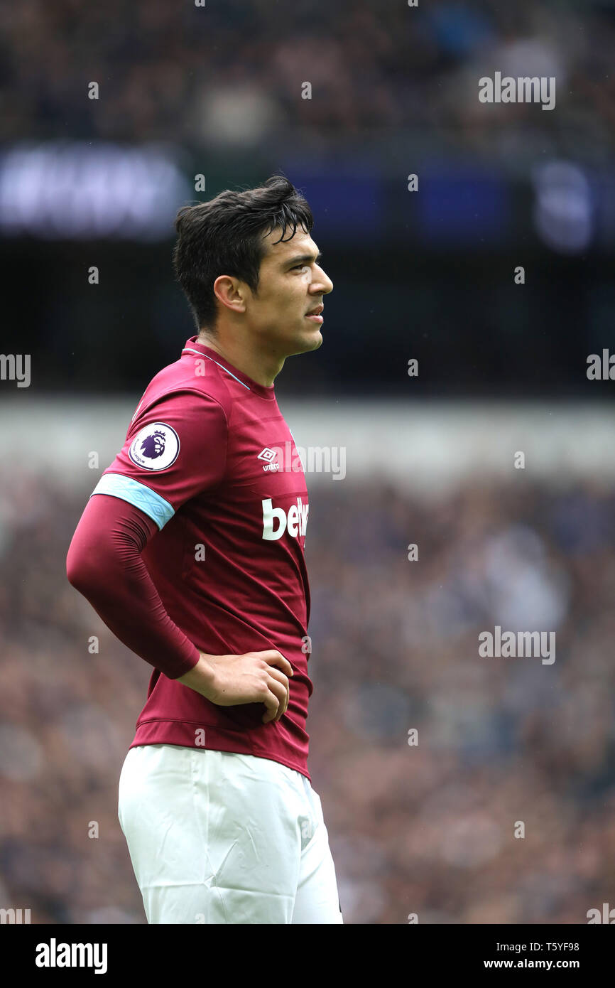London, UK. 27th Apr 2019. Fabian Balbuena (WHU) at the Tottenham Hotspur v West Ham United English Premier League match, at The Tottenham Hotspur Stadium, London, UK on April 27, 2019. **Editorial use only, license required for commercial use. No use in betting, games or a single club/league/player publications** Credit: Paul Marriott/Alamy Live News Stock Photo
