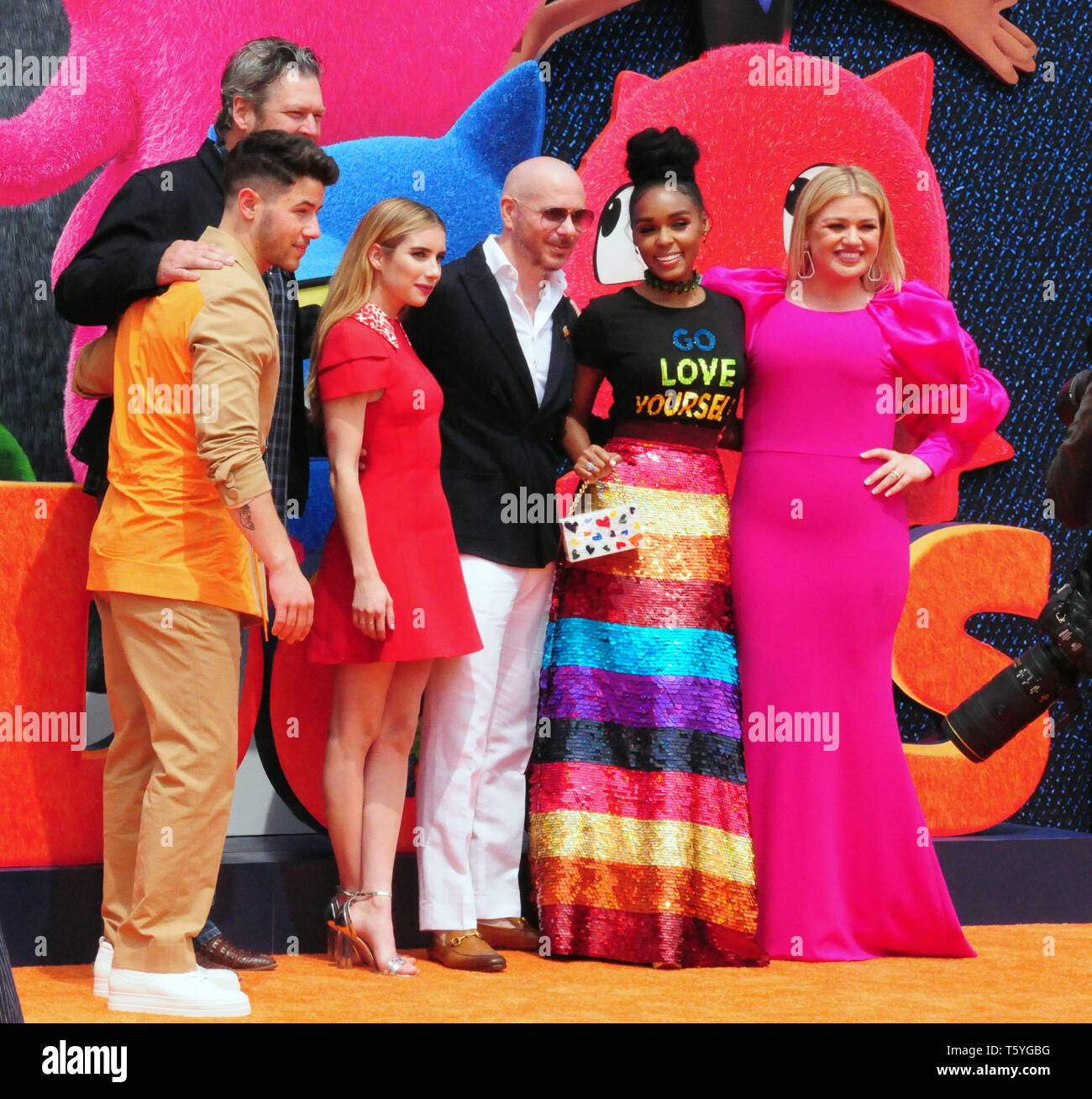 https www alamy com los angeles california usa 27th april 2019 l r singer nick jonas singer blake shelton actress emma roberts singer pitbull singer janelle monae and singer kelly clarkson attend stx films presents the world premiere of uglydolls on april 27 2019 at regal la live in los angeles california usa credit barry kingalamy live news image244624004 html