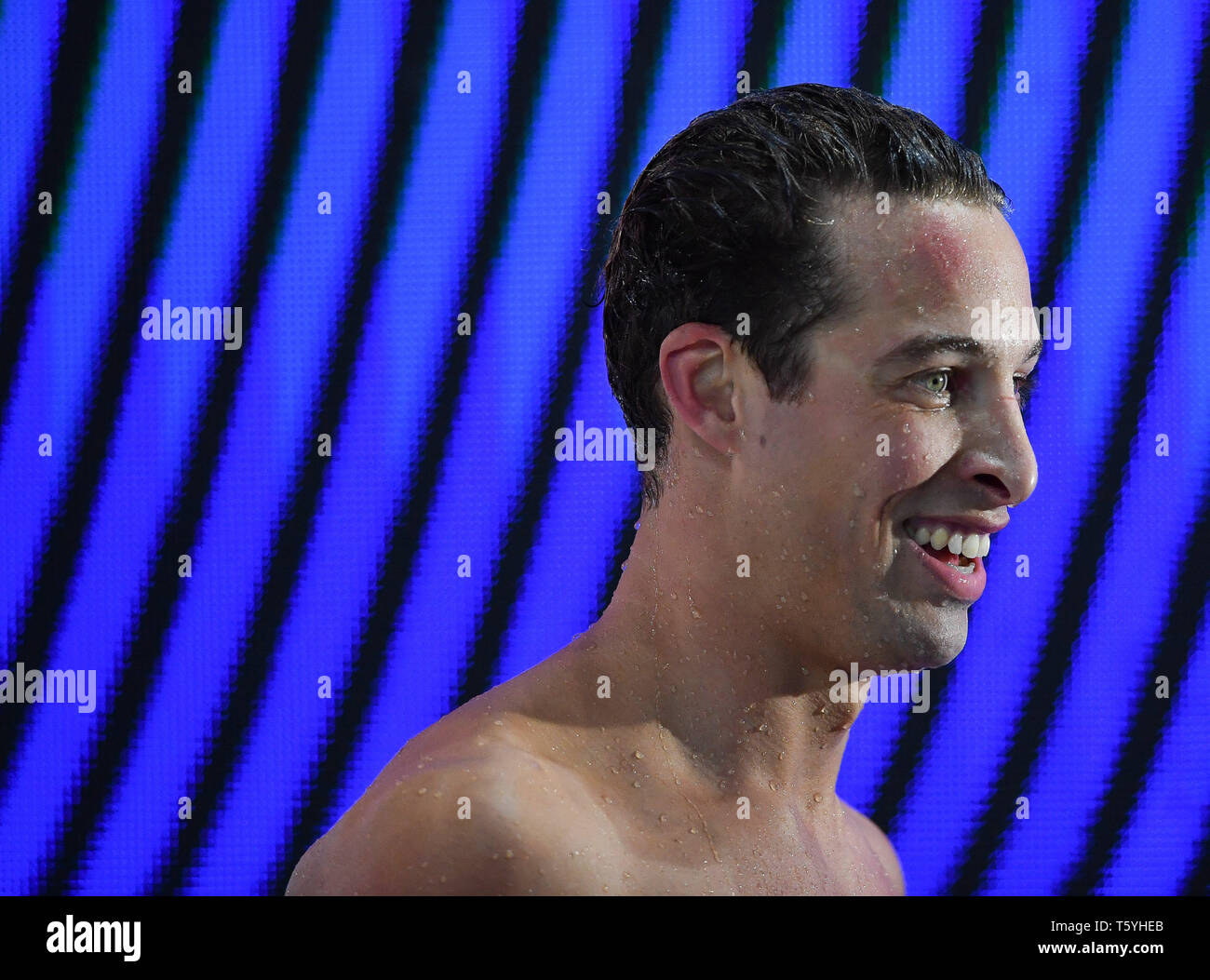 Guangzhou, China's Guangdong Province. 27th Apr, 2019. Pieter Timmers of  Belgium reacts after the men's 100m freestyle match of the Fina Champions  Swim Series in Guangzhou, capital of south China's Guangdong Province,