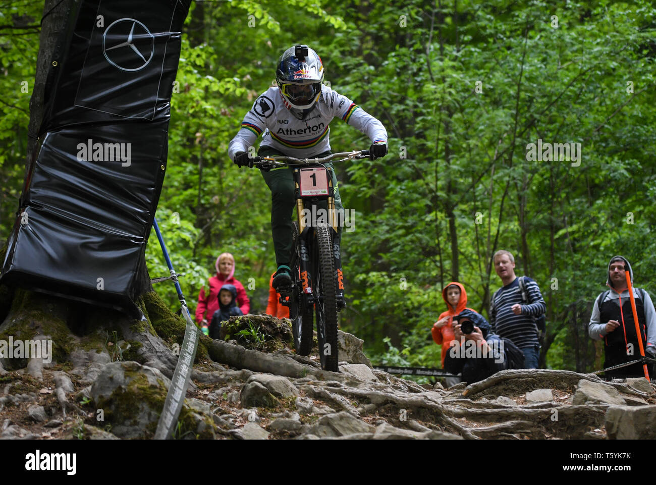 Rachel Atherton of Great Britain is seen in action during the Qualifying round at the UCI Mountain Bike World Cup. Stock Photo