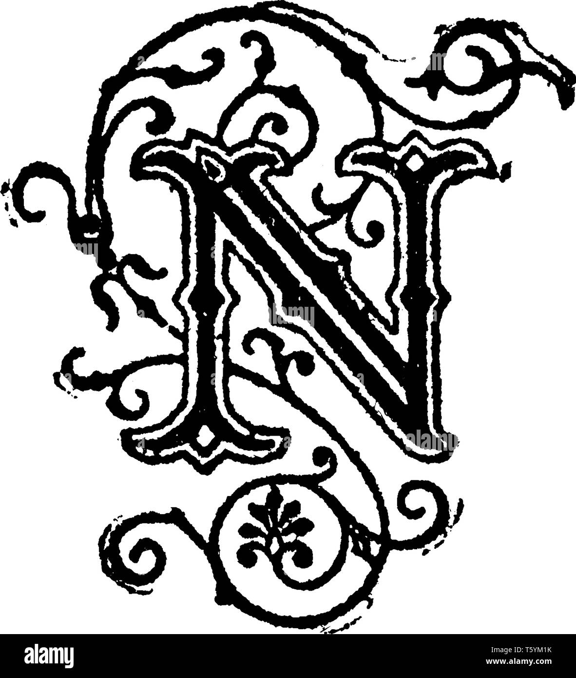 A decorative letter N, vintage line drawing or engraving illustration Stock Vector