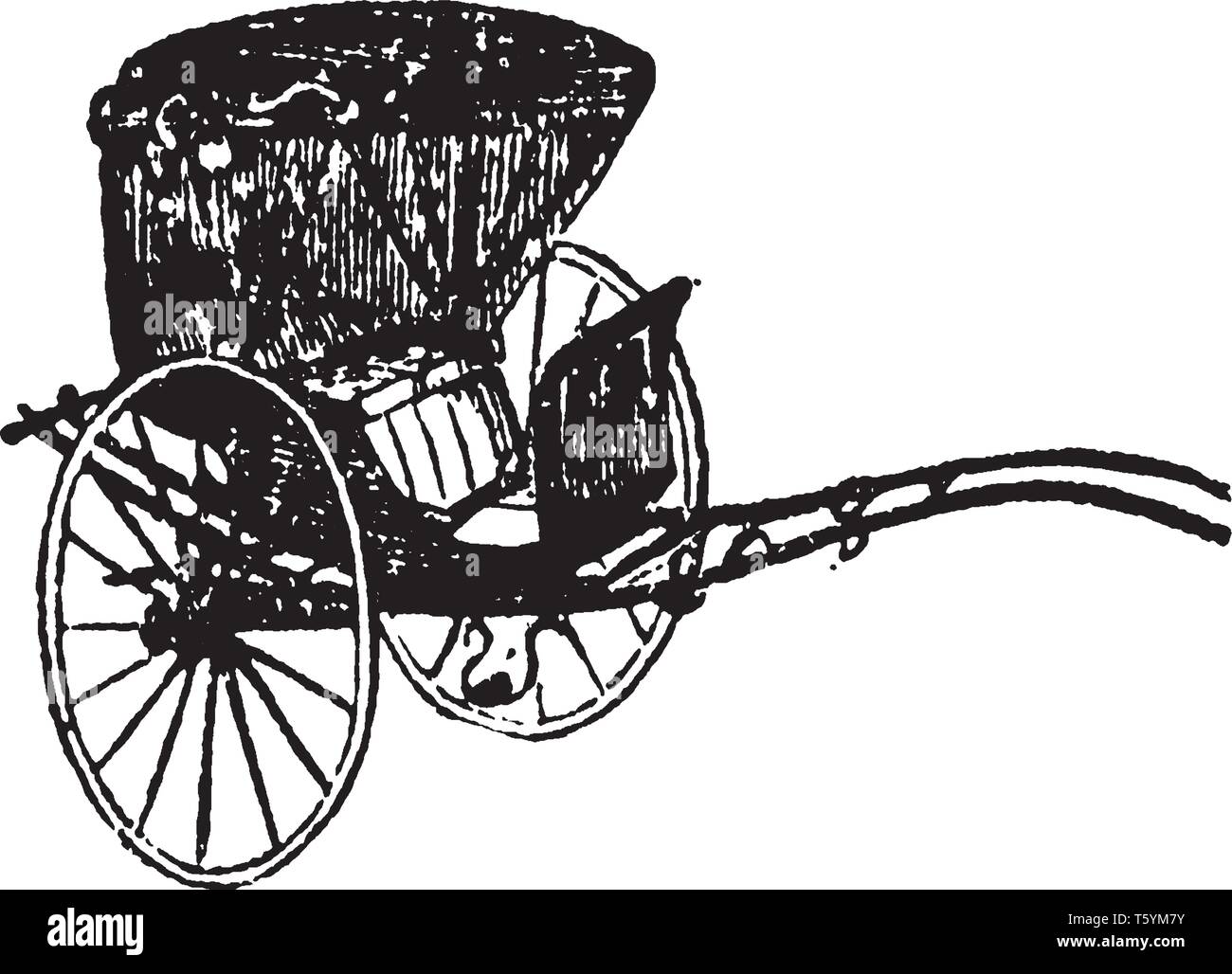 Chaise is a two wheeled vehicle with a calash top and a body slung on leather straps, vintage line drawing or engraving illustration. Stock Vector