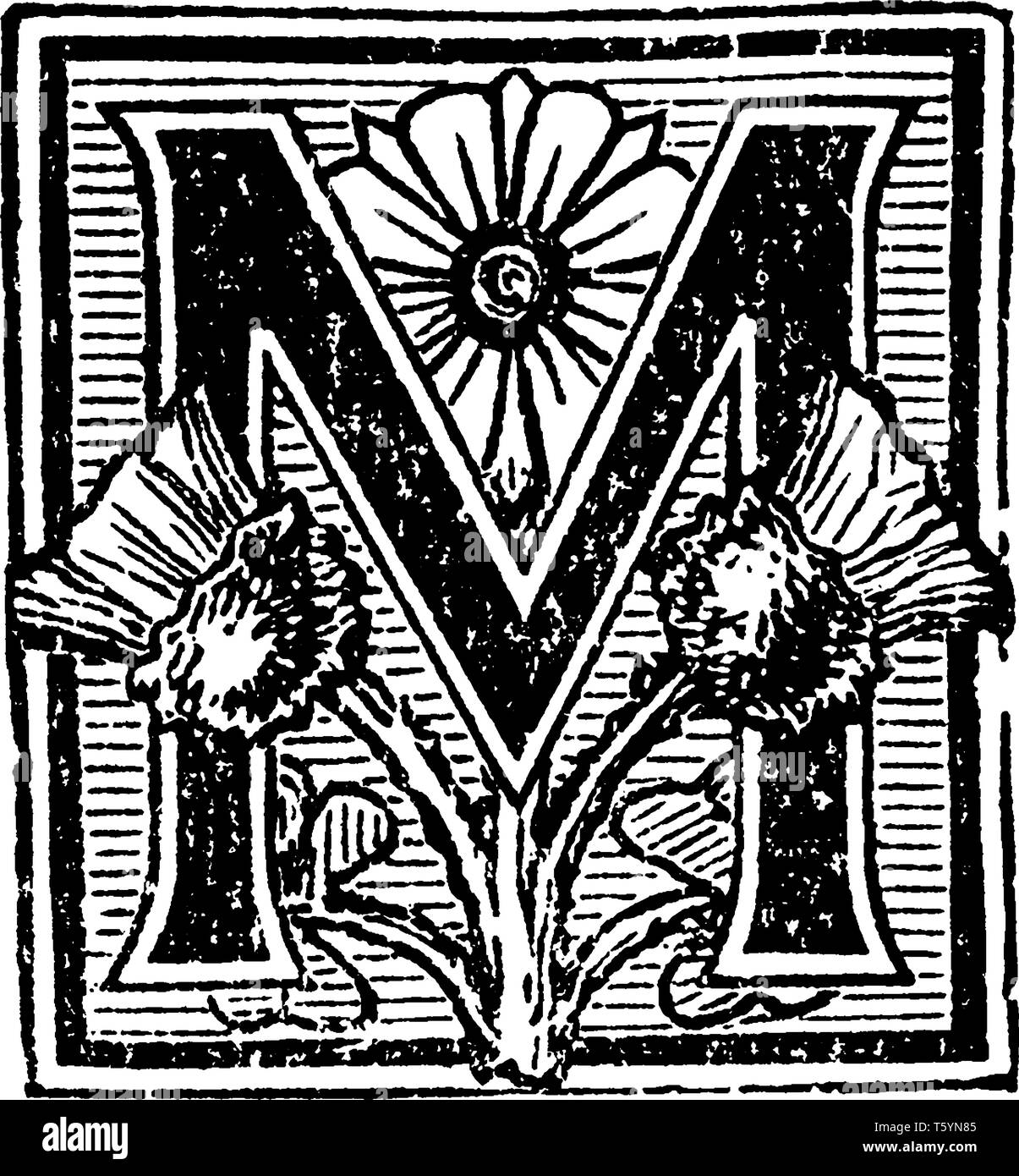 A decorative capital letter M with flowers, vintage line drawing or ...